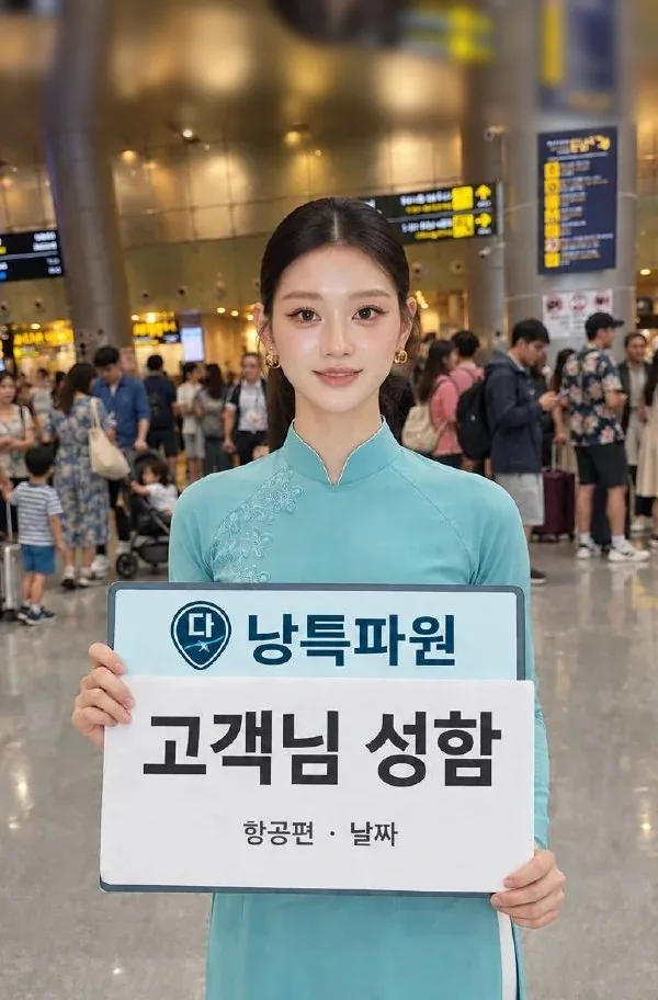 다낭공항 도착 홀에서 고객 이름 피켓을 들고 맞이하는 다낭특파원 직원 모델